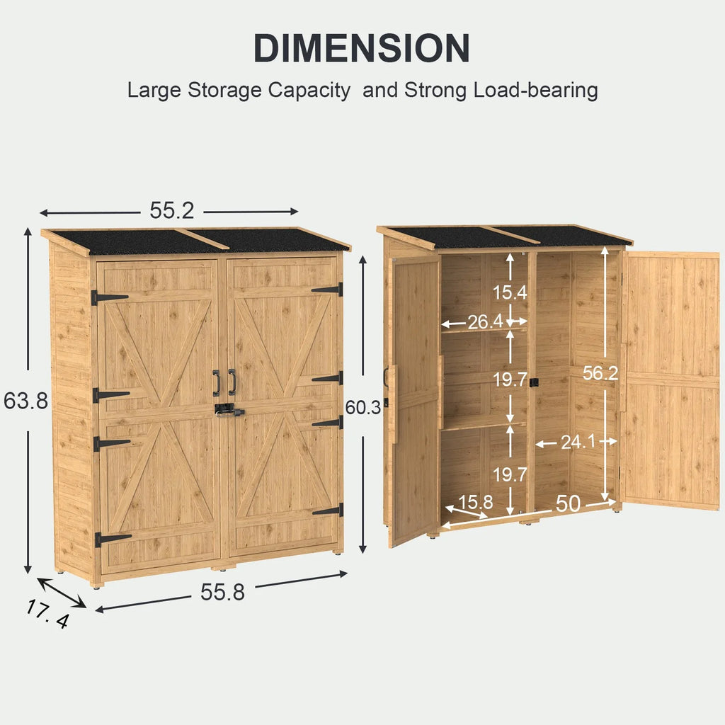63.2" Outdoor Storage Cabinet, Lofka  Lockable Doors Garden shed with Adjustable Shelves| Asphalt Roof| Ventilate Shutter, Wood Shed with Large Storage Space, Waterproof Roof for Garden, Natural