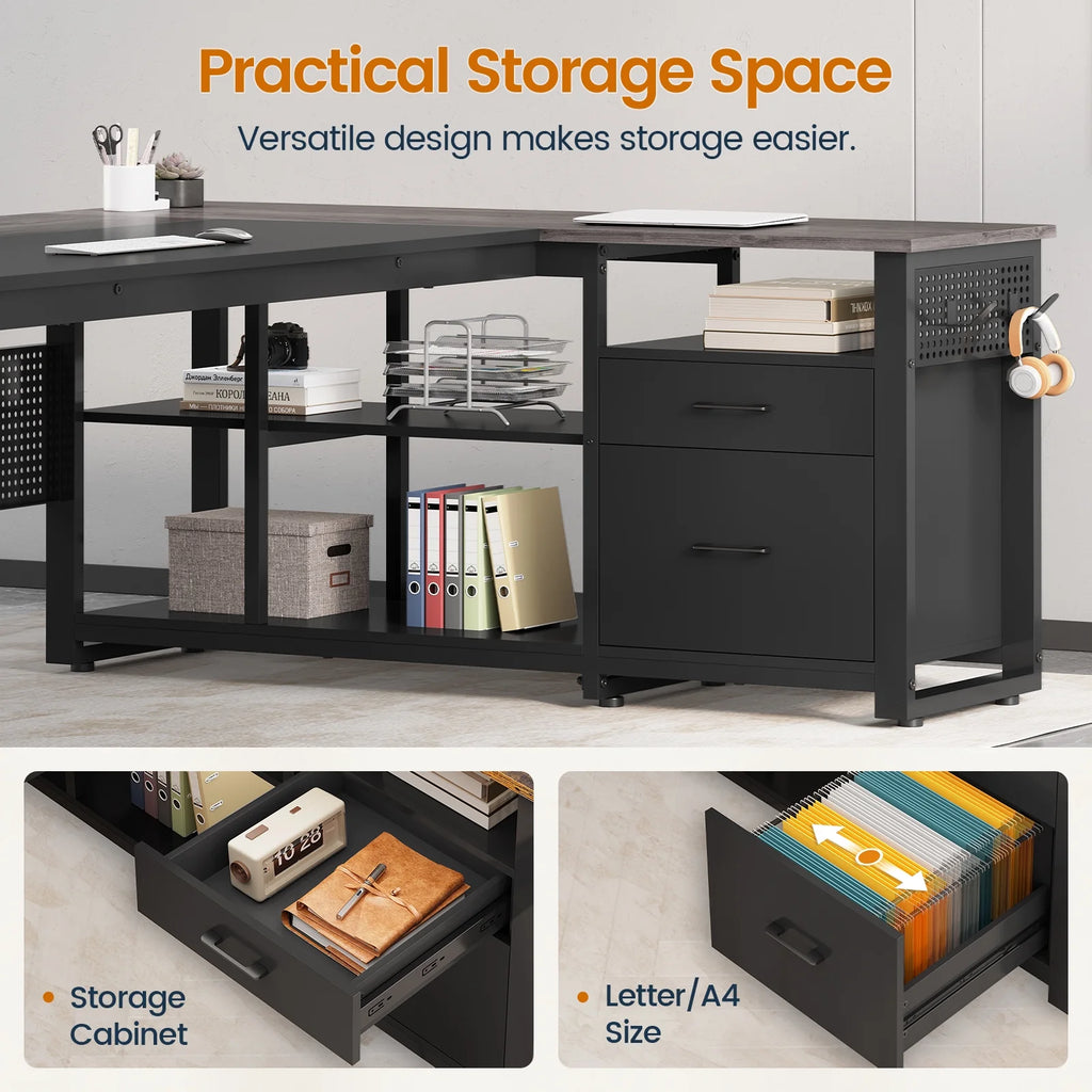71" Executive Desk with Power Outlets, Modern L Shaped Office Desk with File Drawers and Pegboard, Large Computer Desk, Rustic Brown