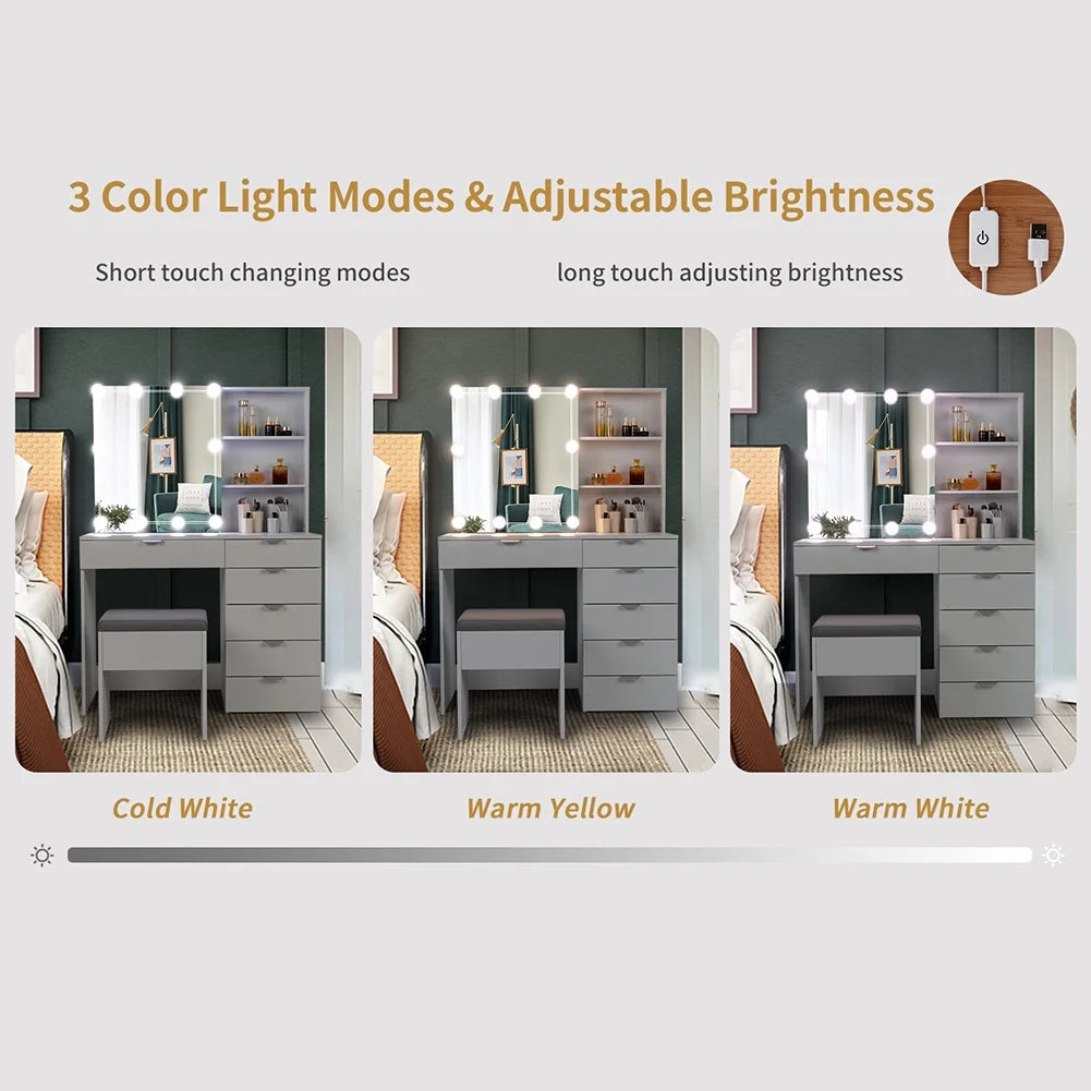 Resenkos Vanity Set with Mirror and 10LED Lights Makeup Vanity Desk Chair with 6 Drawers White