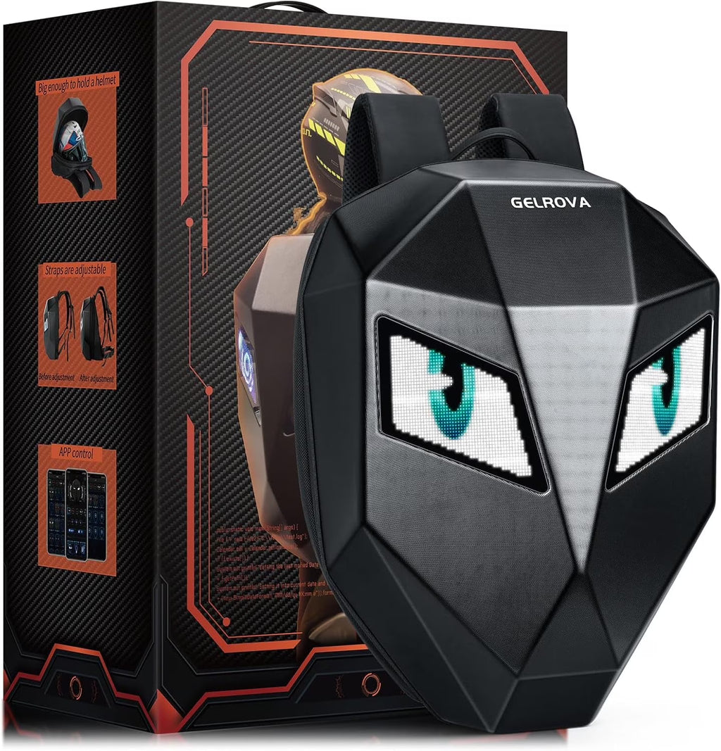 Gelrova Knight LED Bike Backpack, Black Hard Shell Motorcycle Helmet, Small Size 17in