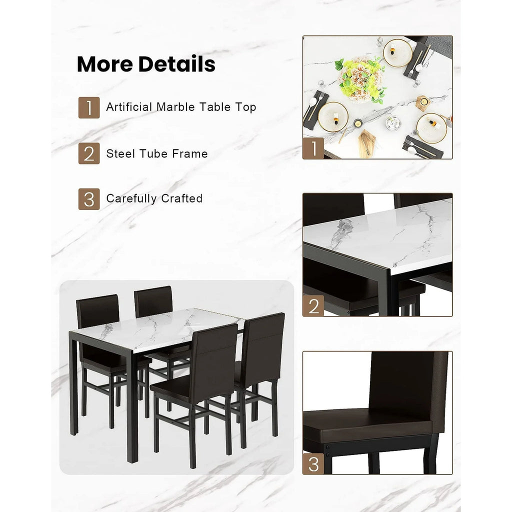 AWQM Dining Table Set of 4, Faux Marble 5 Piece Dining Room Table Set with PU Leather Chairs, Rectangular Kitchen Table Set for Apartment, Dining, White