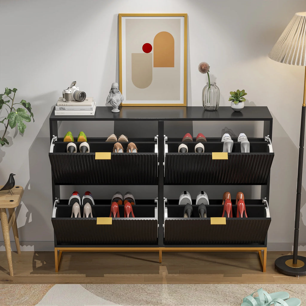 Oubayajia Modern Shoe Storage Cabinet, Wood Shoe Rack Organizer with 2 Flip Drawers, Freestanding Narrow Shoe Cabinet for Entryway Hallway, Natural