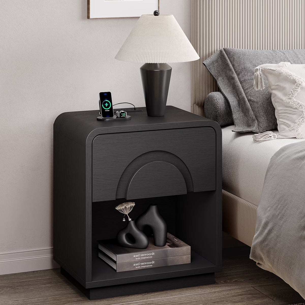 Bestier Nightstands Set of 2 with Charging Station, Modern Bedside Table End Table with Storage Drawer & Open Shelf for Bedroom Living Room Dorm Office, Natural
