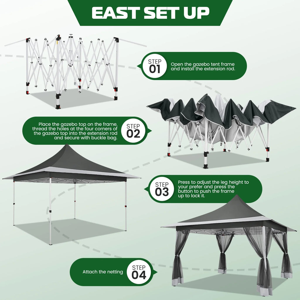 COBIZI 12x12 Outdoor Gazebo Pop Up Gazebo Canopy with Mosquito Netting Patio Tent Backyard Canopy with 2-Tiered Vented Top 3 Adjustable Height, Beige