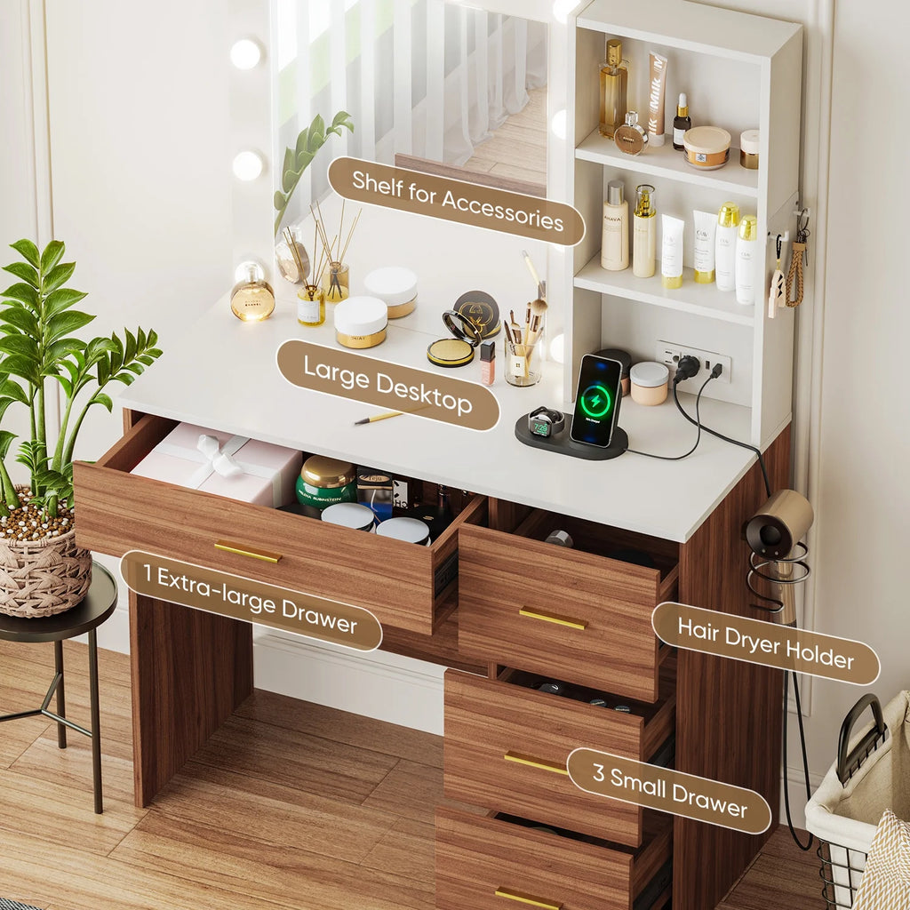 Makeup Vanity with Mirror and 3 Color Lights,Vanity Dressing Table with USB Charging Station,4 Drawers,Open Storage Shelves,White