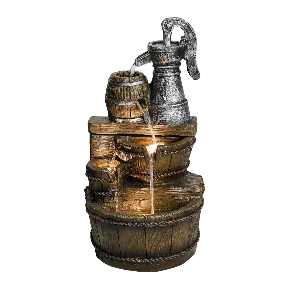 Outdoor Floor Rustic 5-Tiered Barrel and Pump Water Fountain for Garden and Patio Decor