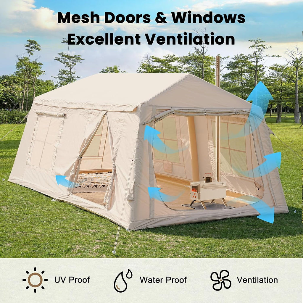 NAIZEA Inflatable Tents for Camping, Blow Up Tent with Hand Pump, Easy Setup Inflatable Hot Tent with Stove Jack, Waterproof Oxford Air Glamping Tents for Camping Adult 4-6 Person