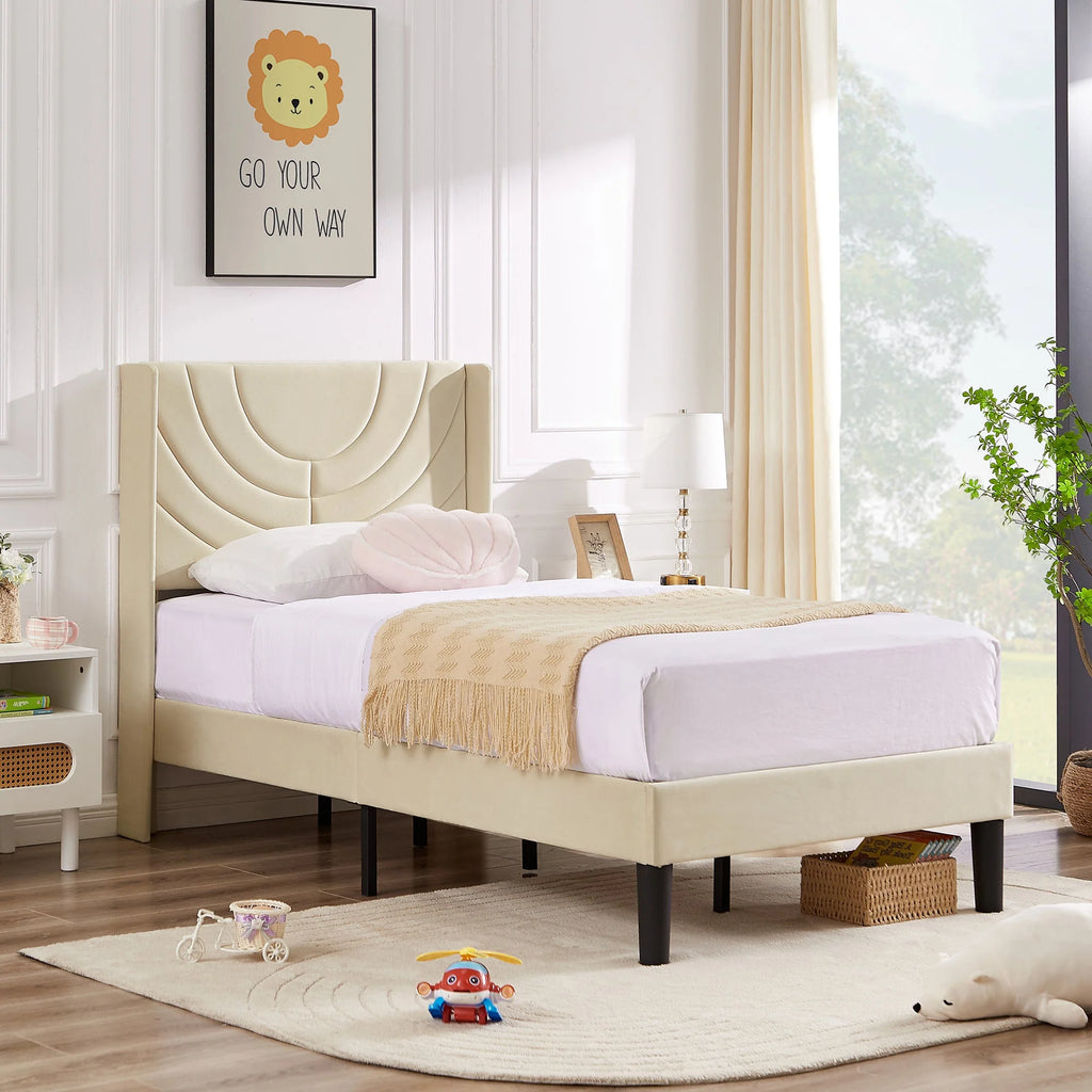 VECELO Set of 2 Twin Bed Frames, Modern Upholstered Platform Bed Frame with Tufted Headboard, No Box Spring Needed, Dark Green