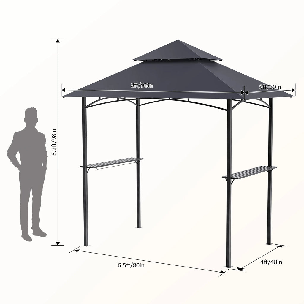 GVDV 8'x 5' Grill Gazebo Canopy, Outdoor BBQ Gazebo Shelter with 2 Side Shelves & Double-Tiered Top