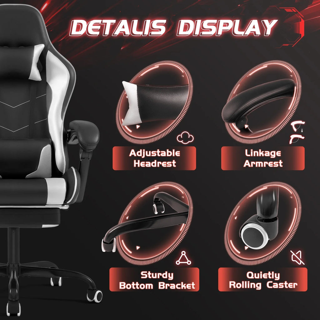 Lacoo PU Leather Gaming Chair Massage Ergonomic Gamer Chair Height Adjustable Computer Chair with Footrest & Lumbar Support, White