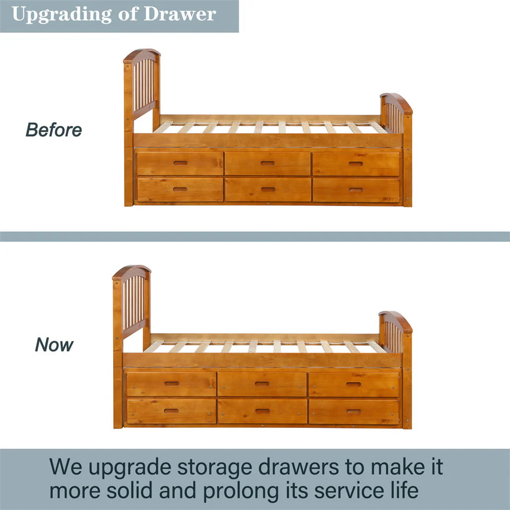 Twin Size Platform Bed with 6 Storage Drawers, Solid Wood Platform Bed Frame with Headboard and Footboard, Heavy Duty Daybed Captain’s Bed for Boys Girls Wood Slats Support, No Box Spring Need, Oak