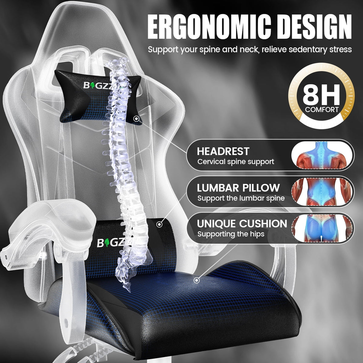 Bigzzia Gaming Chair Office Chair, Ergonomic Game Chair with Height Adjustable Headrest and Lumbar Support for Adults Teens, Black & White