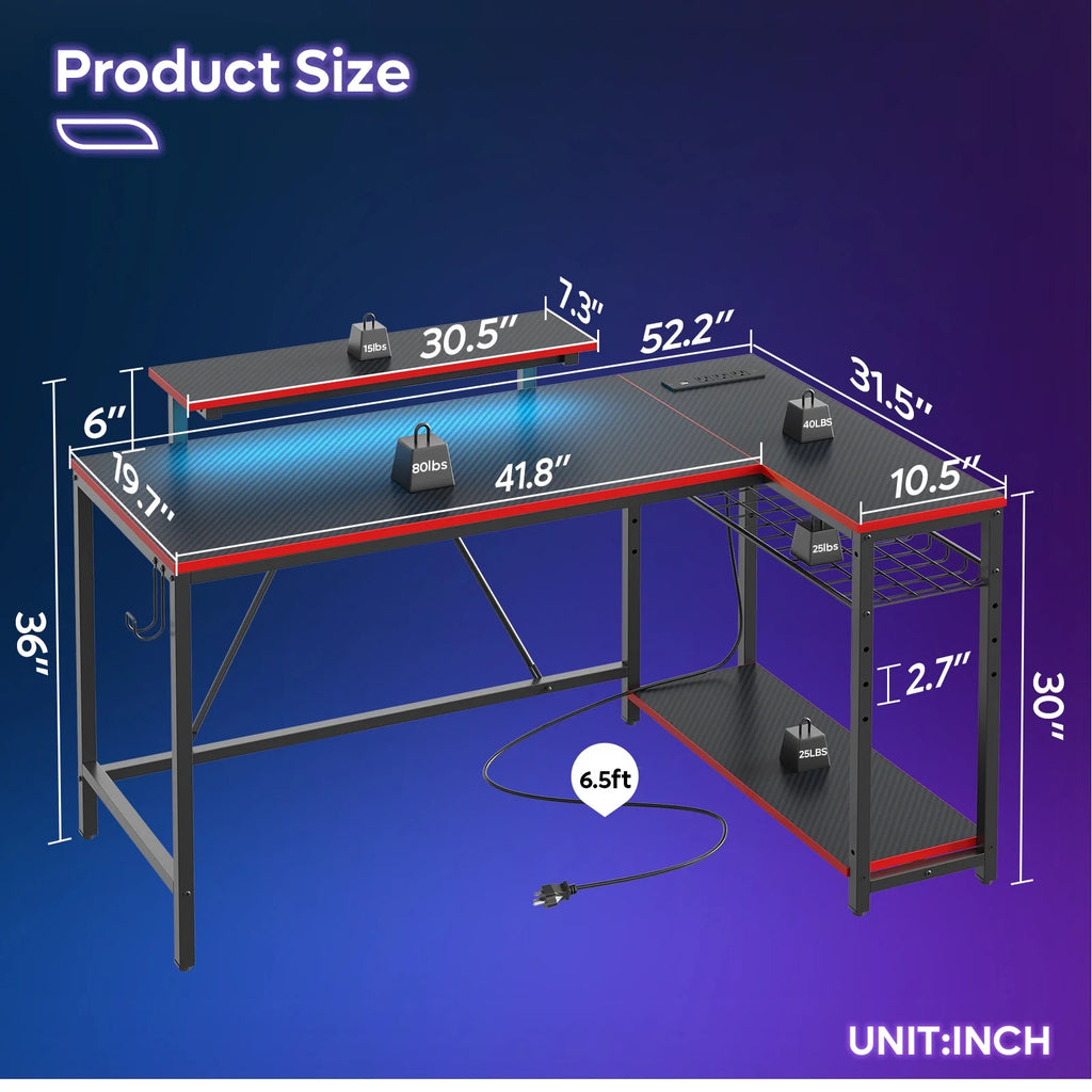 Bestier 52" Gaming Desk with LED Lights L Shaped Desk with Power Outlet & Monitor Stand Corner Computer Desk in Carbon Fiber