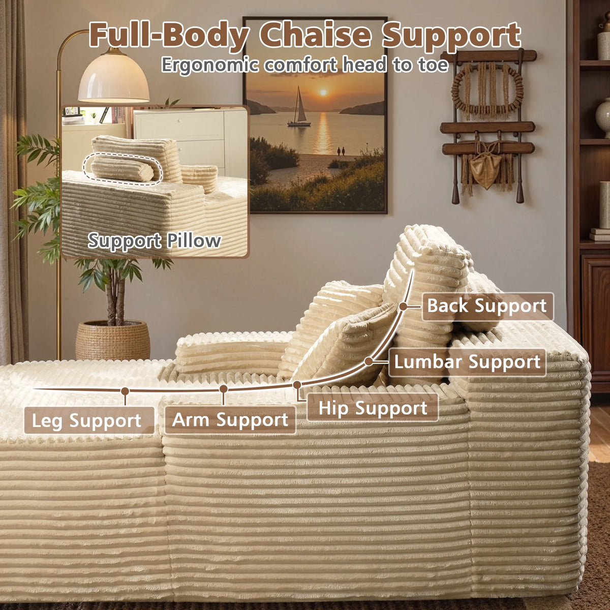 Ovios 67'' Oversized Chaise Lounge Chair Indoor Cloud Plush Corduroy Floor Sofa Bed Deep Seat No Assembly Couch for Living Room, Black
