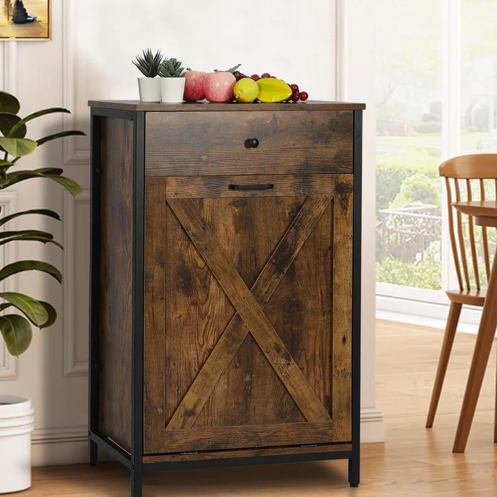 Eclife 10 Gallons Tilt Out Trash Cabinet Freestanding Floor Rustic Solid Wood Barn Door and Storage Drawer Kitchen Island