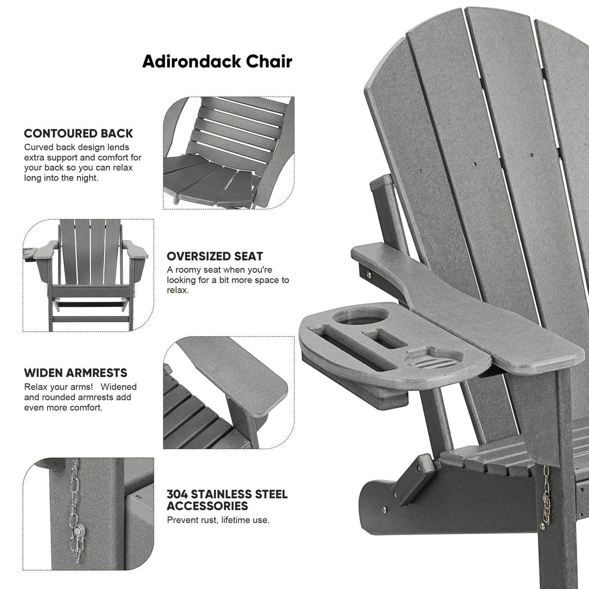 FOOWIN HDPE Plastic Adirondack Chairs Set of 4, Black