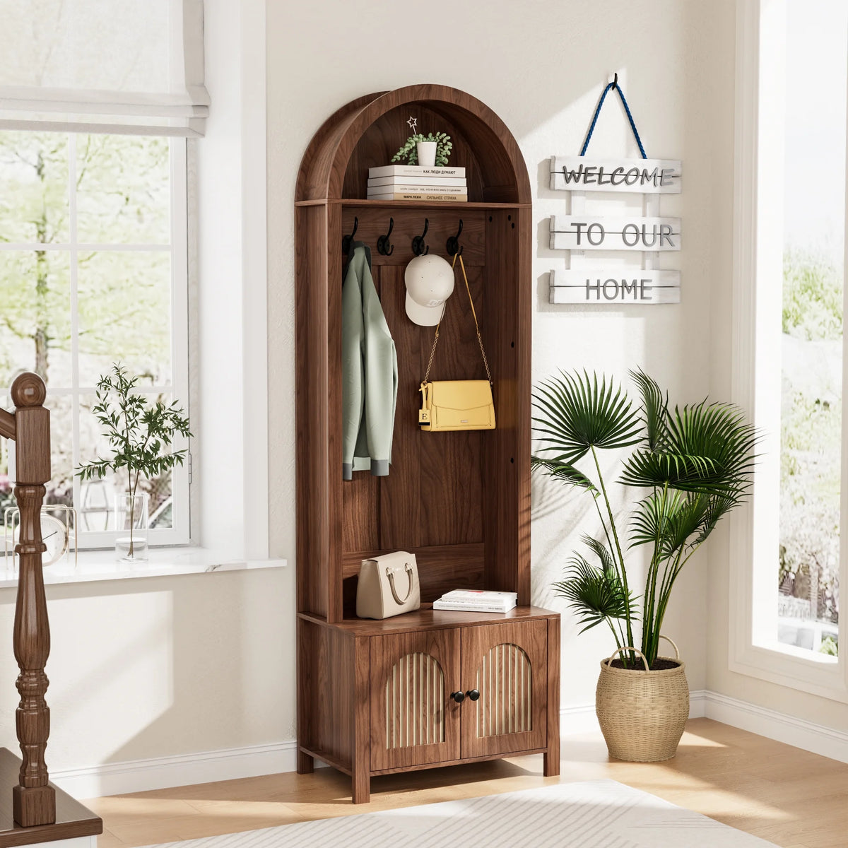 LUCKYELF Hall Tree with Shoe Storage, Entryway Bench with 4 Hooks and 2 Doors, Arch Coat Rack Cabinet for Hallway