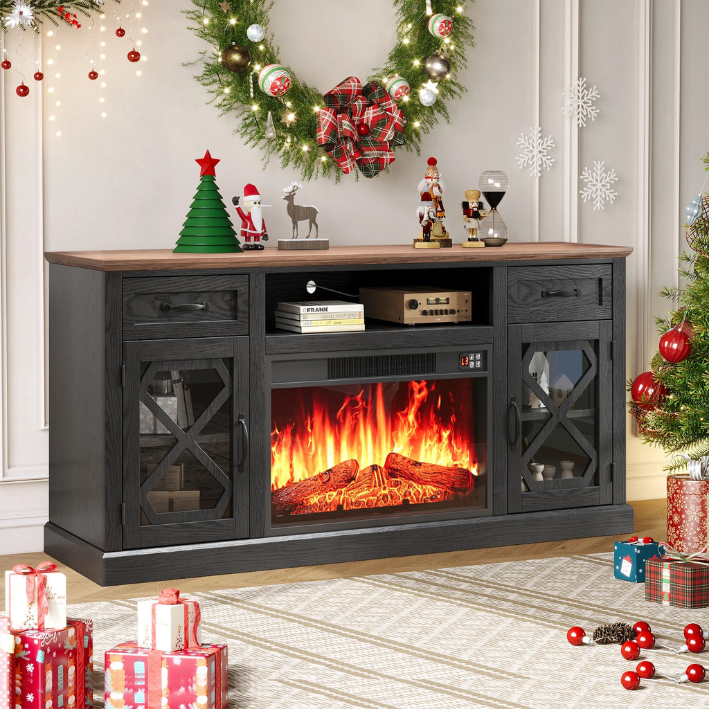 SESSLIFE Fireplace TV Stand for 65 Inch TV, TV Console with 23''Electric Fireplace, Console Entertainment Center Television Table for Living Room or Bedroom, Brown