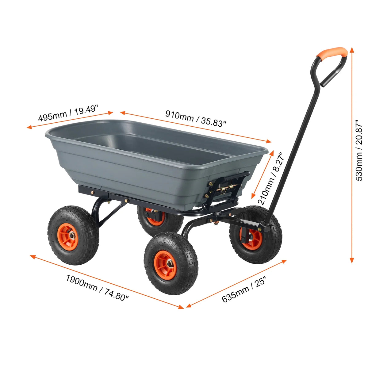 KFFKFF Garden Dump Cart, 35.8x19.5x8.2 in Dump Truck Cart, Max. 600lbs Load Capacity, 10in Rubber Tire, 180�� Adjustable Handle