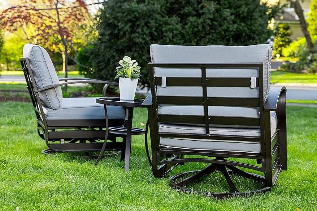 ALAULM 3 Piece Patio Outdoor Aluminum Metal Swivel Rocking Chair with 1 Coffee Table and 2 Khaki Padded Cushions Outdoor Metal Swivel Rocking Chair Furniture Conversation Set for Porch Garden