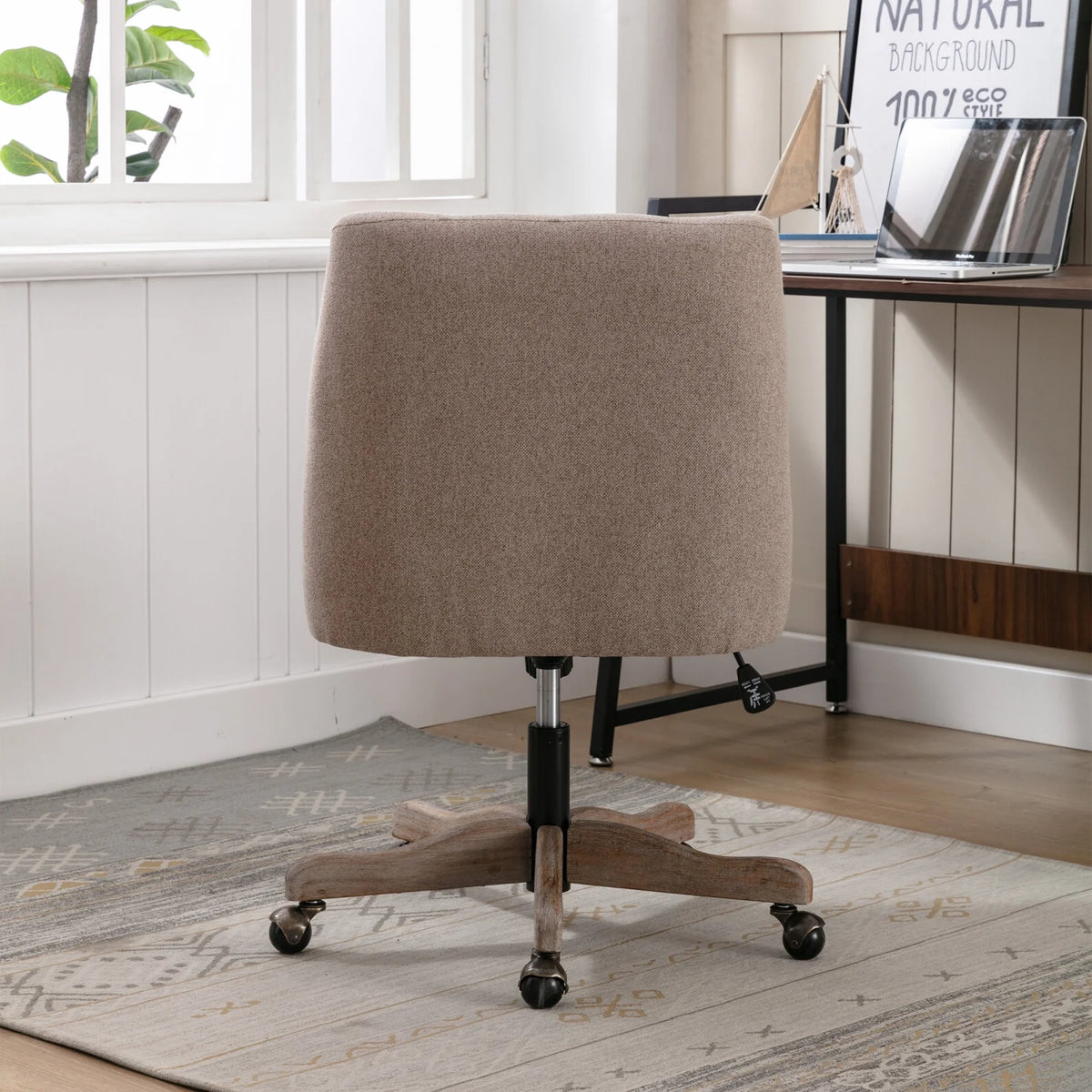 360 Degree Swivel Office Desk Chair, Upholstered Leisure Vanity Chair with Solid Wood Base and Wheels, Adjustable Height Computer Chair for Bedroom Living Room, Brown
