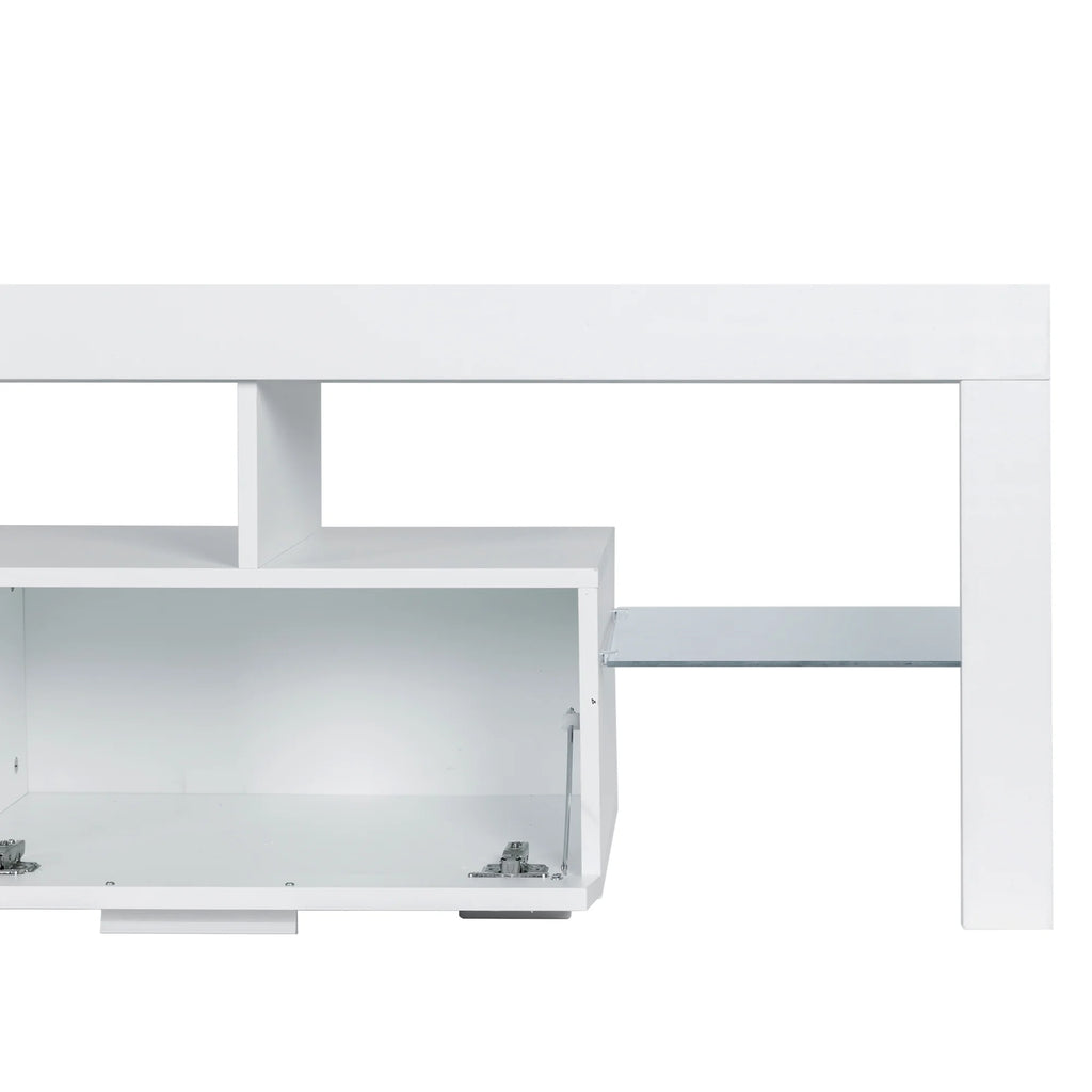 UHOMEPRO TV Stand for TV up to 70", Living Room Entertainment Center with RGB LED Lights and Storage Shelves Furniture, White High Gloss TV Cabinet Console Table