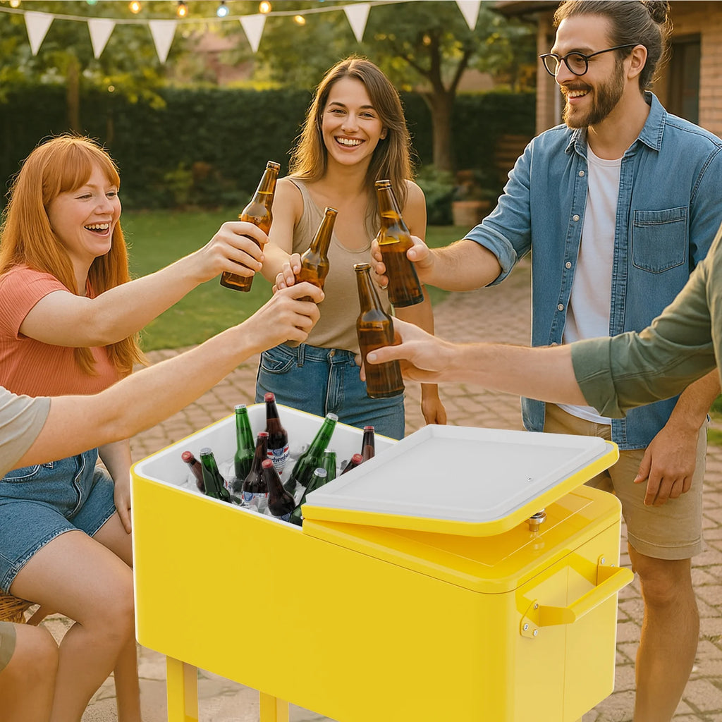 Ktaxon 80 Qt Rolling Ice Chest Cooler Cart Outdoor Trolley with Storage Shelf, Bottle Opener & Cap Collector for 48 Hour Cold Drinks,Lemon Yellow