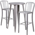 Flash Furniture Earl Commercial Grade 24" Round Silver Metal Indoor-Outdoor Bar Table Set with 2 Vertical Slat Back Stools