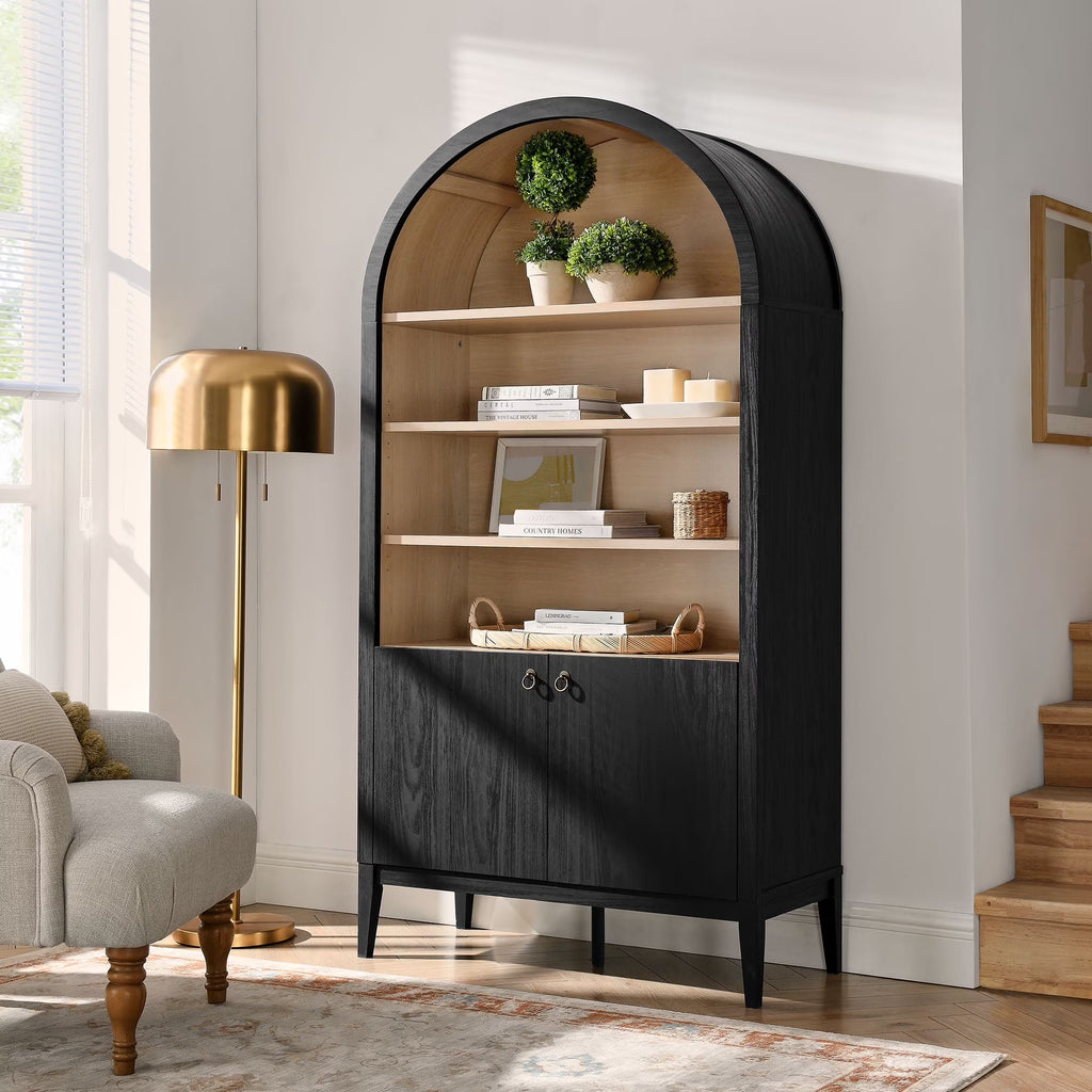 Modway Nolan 74" Tall Arched Storage Display Cabinet Bookshelf in Black