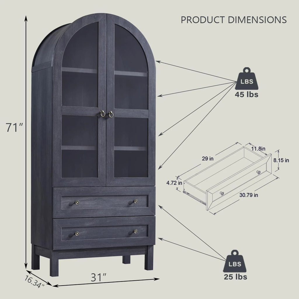 IFGET 71-Inch Arched 4-Tier Bookcase with Glass Doors and Drawers