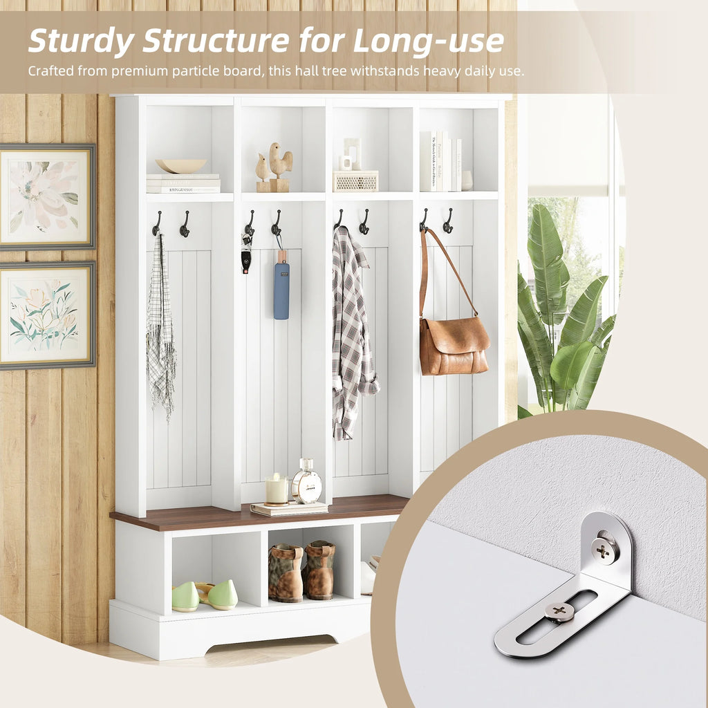 Euroco Farmhouse 59"W Wide Hall Tree with 8 Hooks, Practical Entryway Bench with Open Compartments, 76.7"H Modern 3-in-1 Wooden Style Coat and Shoe Rack for Mudroom, Living Room, Green