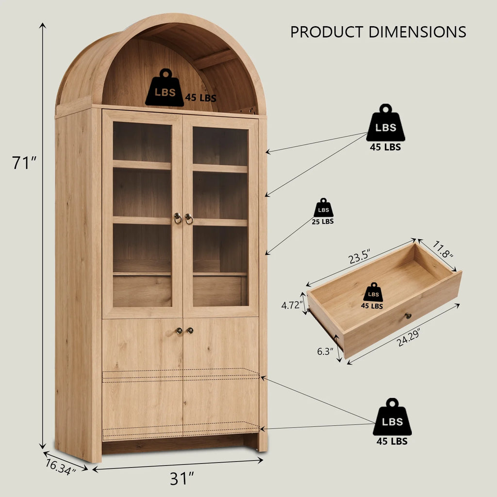 IFGET 71-Inch Arched 4-Tier Bookcase with Glass Doors and Drawers