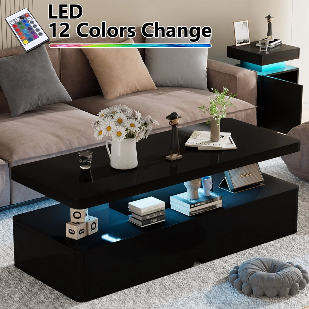 Oneinmil Modern Stylish Coffee Table with 12 Colors LED Lights, Double-Layer Design for Living Room, Black High Gloss Acrylic