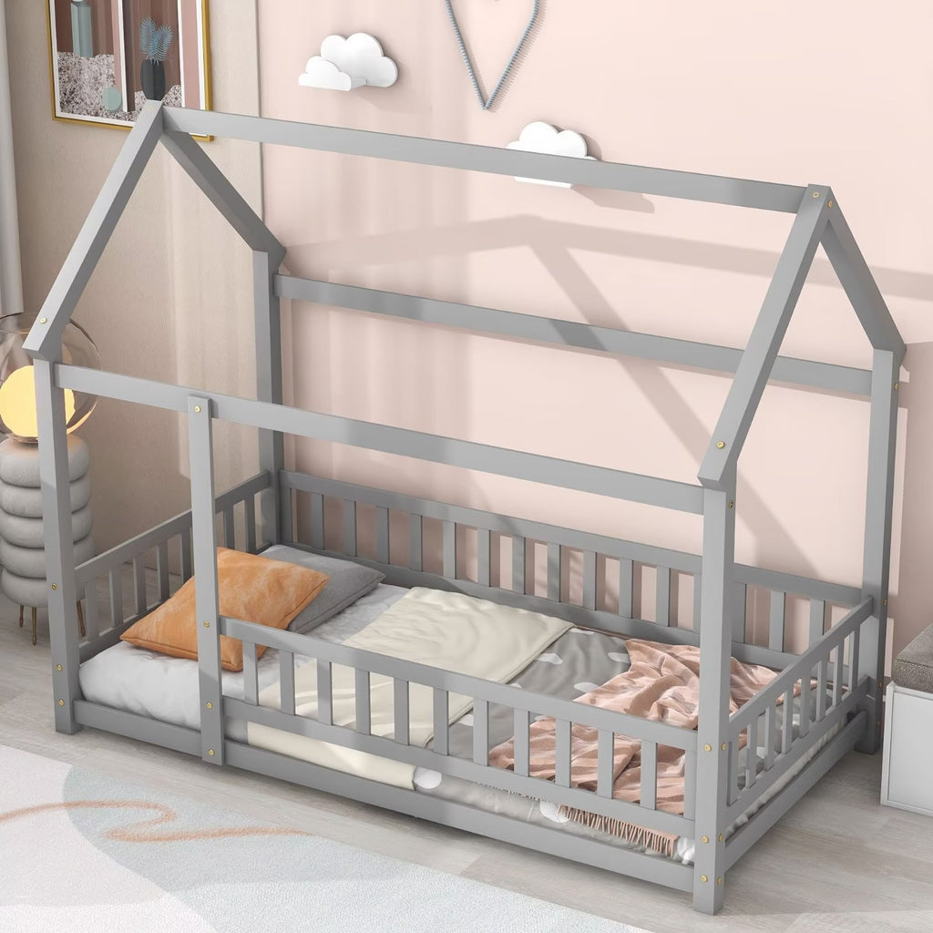 Twin Size House Bed for Boys and Girl, Wooden Canopy Bed Tent Bed, Playhouse Design Bed Frame with Full-lenth Guardrail, Bedroom Furniture, 79.5��L x 44.8��W x 66.2��H, White