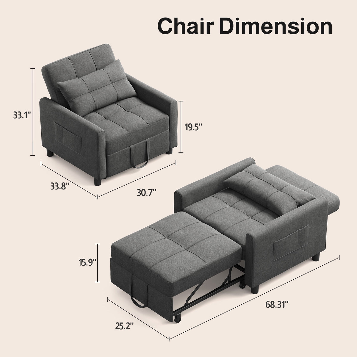 Sofa Bed, Lofka 3-in-1 Convertible Sleeper Sofa with Storage, Adjustable Backrest & Pull Out Function - Sleeper Chair for Small Space, Apartment, Dark Grey