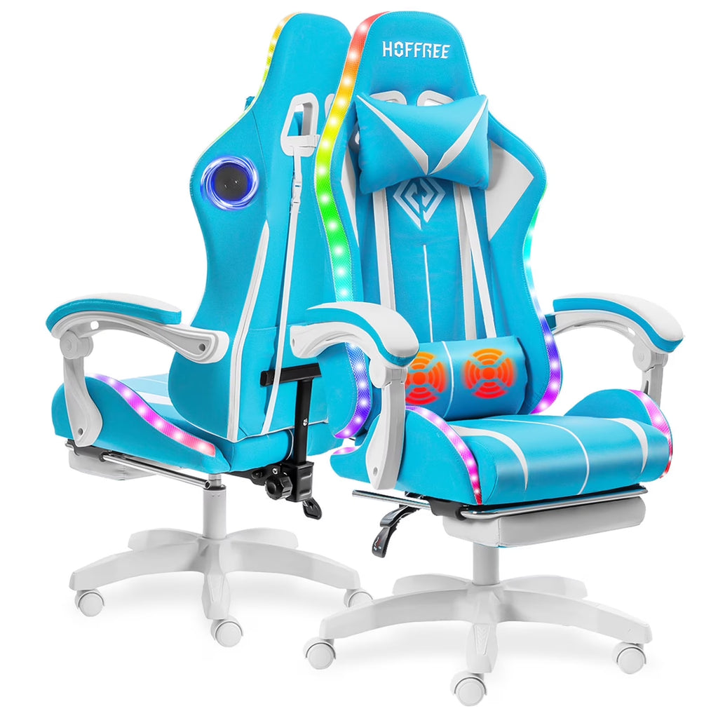 Hoffree Gaming Chair with Bluetooth Speakers and Footrest Massage Office Chair with LED Lights Ergonomic Game Chair High Back with Lumbar Support and Headrest Adjustable Swivel for Adults 300lb