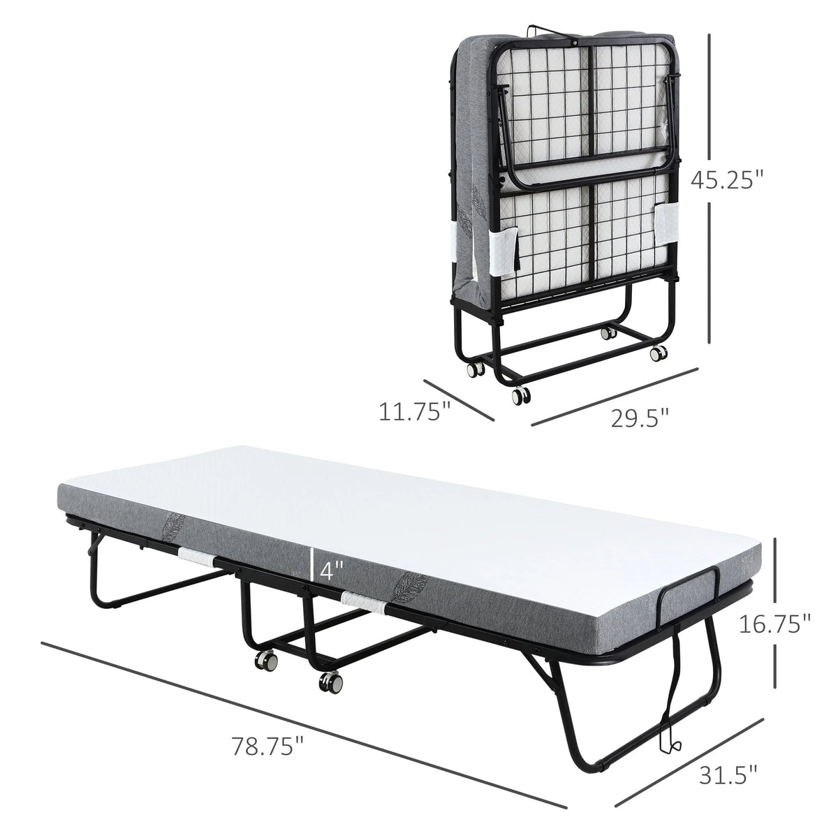 HOMCOM Folding Bed with 4" Mattress, Portable Foldable Guest Bed with Wheels