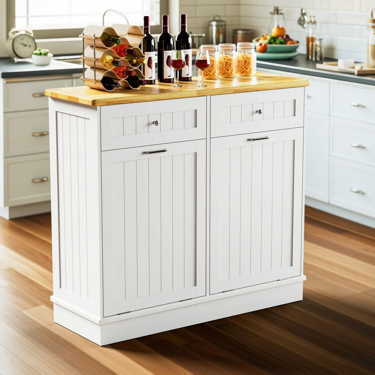 GETYES Double Tilt Out Trash Cabinet, Wooden Recycling Cabinet, 35.83 x 12.99 x 39.37 inches, White