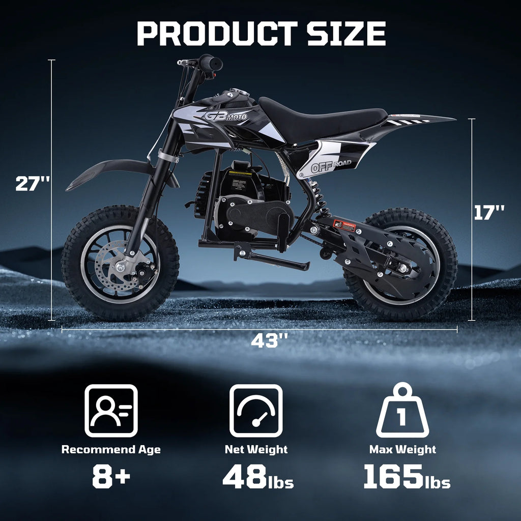 49cc Dirt Bike for Kids, Tcdjtc Gas Dirt Bike with 27 Miles Max Range, Kids Dirt Bike with 18 MPH Max Speed, Gas Powered Dirt Bike with 132 LBS Capacity, Mini Motorcycles for Kids, Gas Mini Bike