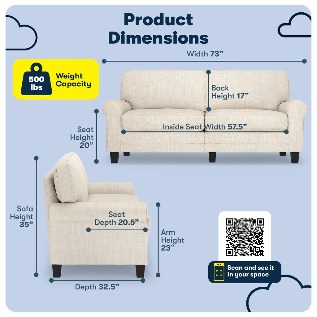 Serta Copenhagen 73" Rolled Arm Sofa with Removable Covers Light Gray