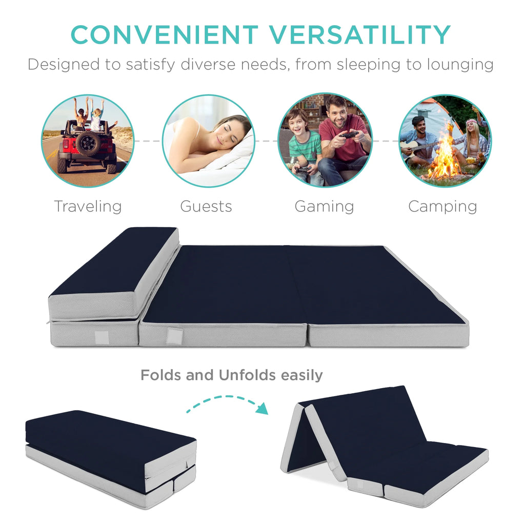 Best Choice Products 4in Thick Folding Portable Twin Tri-Fold Mattress w/ Carry Case, Washable Cover - Midnight Blue