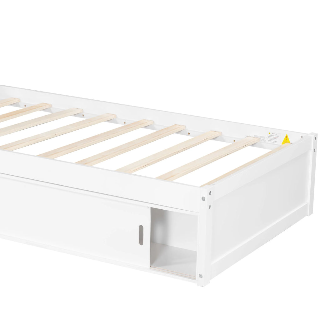 Euroco Pine Wood L-Shaped Twin Platform Bed with Storage Desk, Cabinets, Trundle and LED Light for Kids Teens, Gray