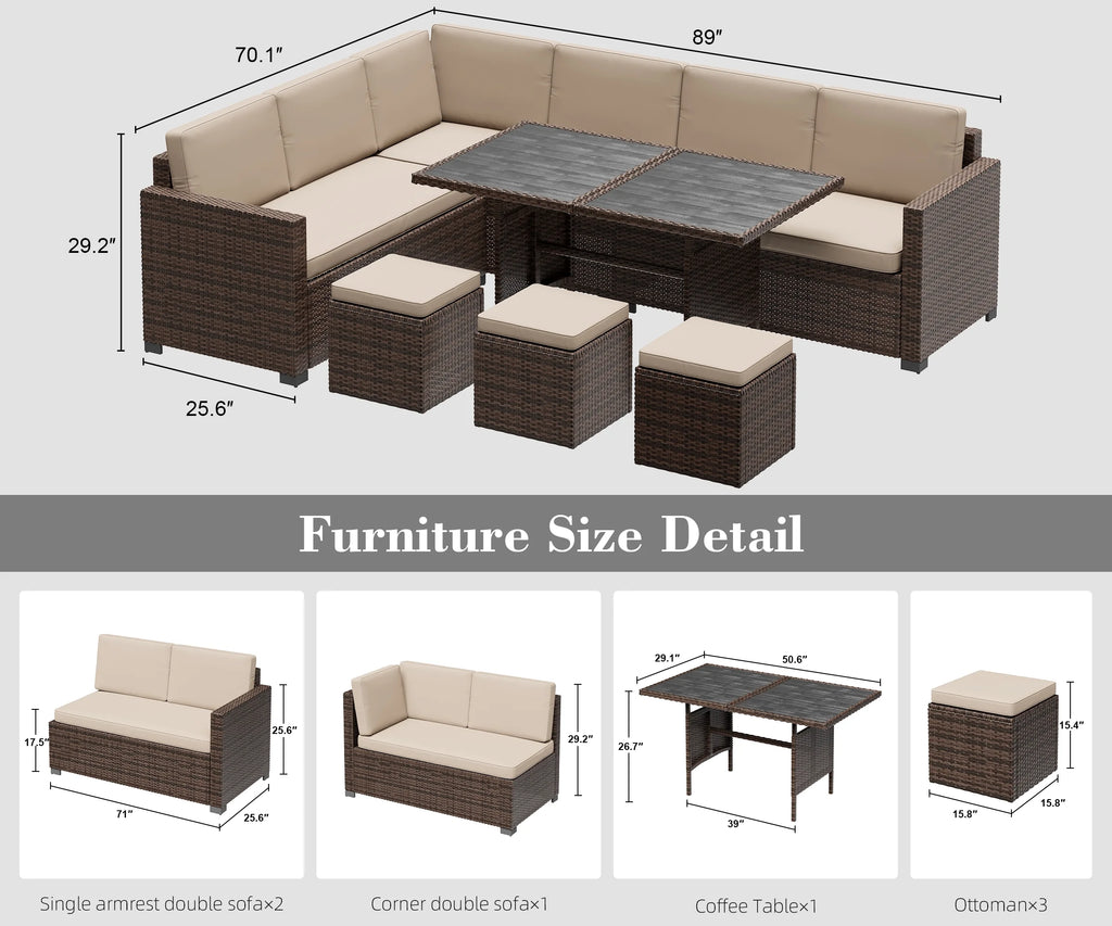 Bifanuo 7 Piece Patio Furniture Set, Outdoor Furniture Patio Sectional Sofa, All Weather PE Rattan Outdoor Sectional with Beige Cushions and Table, Black Wicker