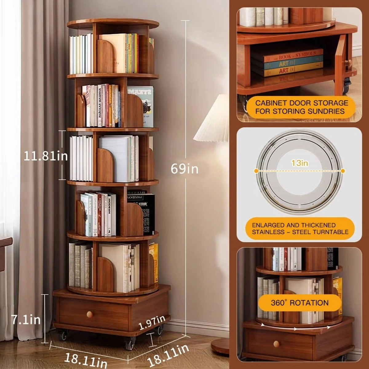 Qiushi 6-Tier Round Rotating Bookshelf with Storage Drawer, 360 Spinning Corner Bookshelf Tower for Small Space, Bookcase Storage Rack with Wheels, Wood Narrow Organizer for Bedroom, Living Room