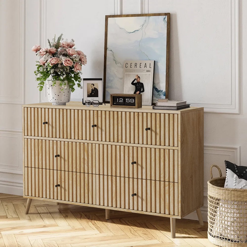 Oubayajia 7 Drawer Double Dresser, Fluted Chest of Drawers, Wood Storage Cabinet for Bedroom, Living Room, Hallway, Walnut