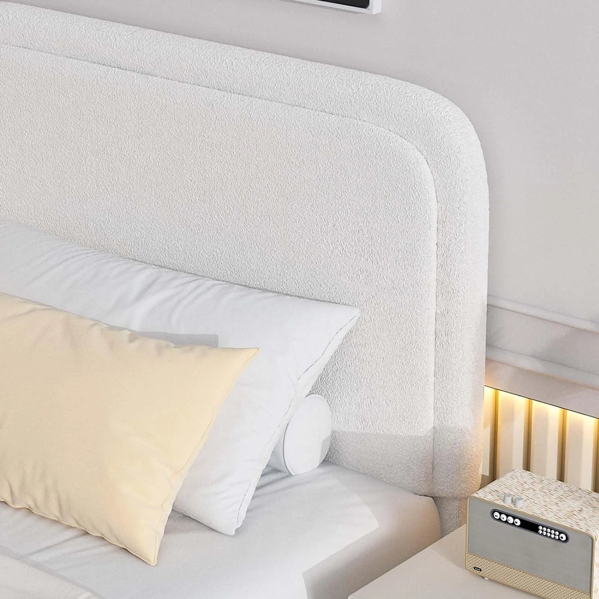 4 EVER WINNER Twin Size Bed Frame, Modern Bed Frame with Headboard, Boucle Fabric Upholstered Bed Frame, Soft Curved Headboard, Cream