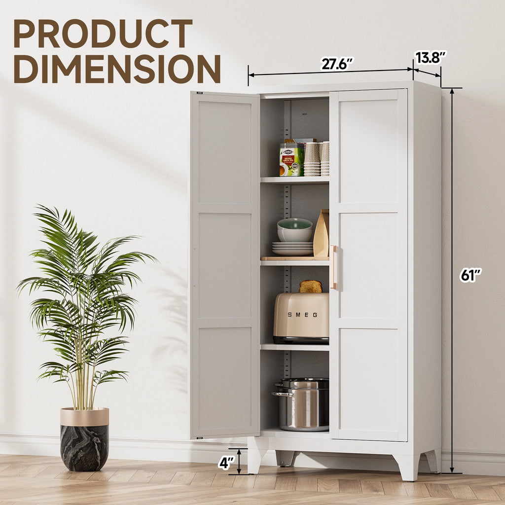 Metal Pantry Cabinet, 61''  White Kitchen Pantry Storage Cabinet with Doors and Adjustable Shelves, Utility Room, Homes, Offices, Garage-, Assembly Required