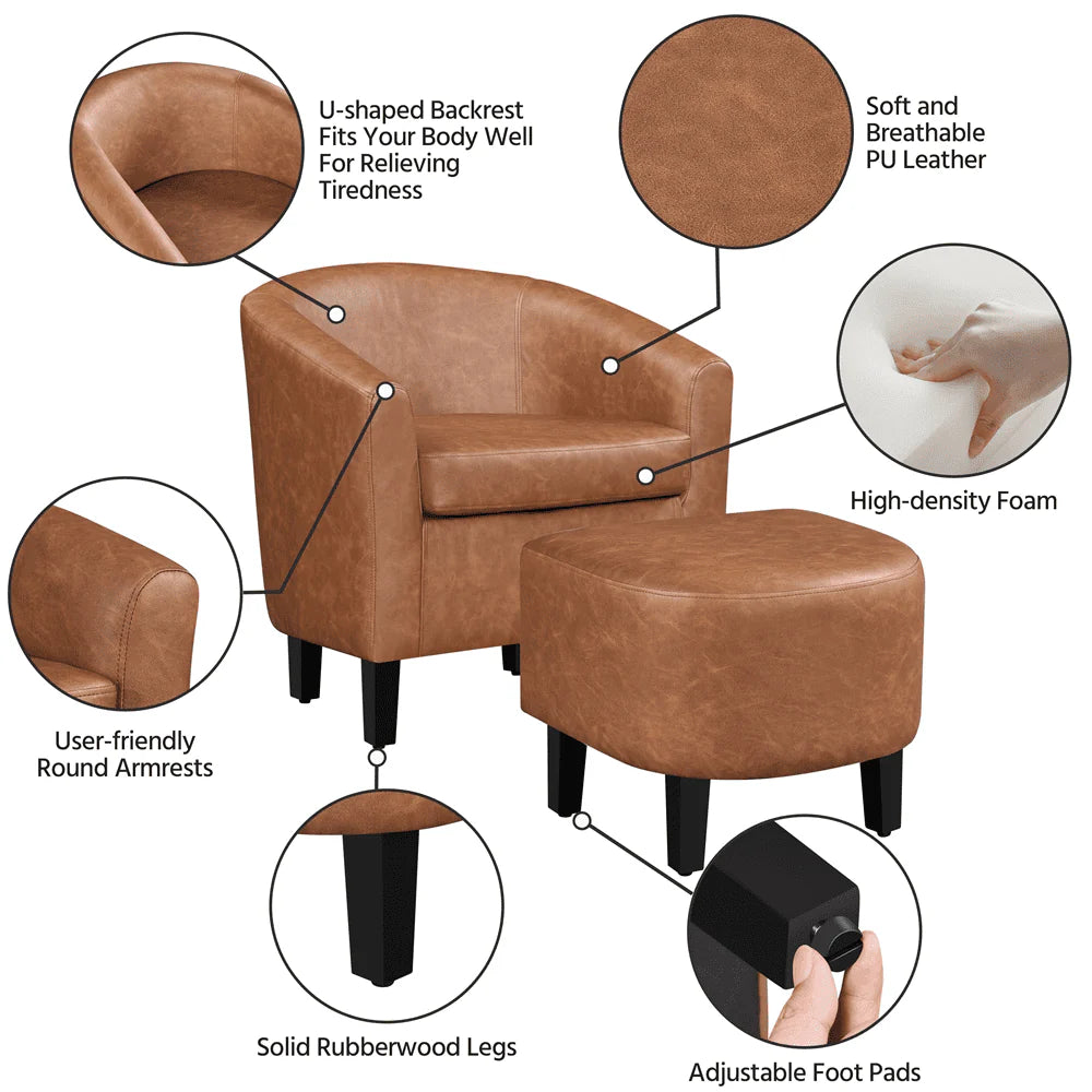 Easyfashion Barrel Accent Chair with Ottoman, Brown Faux Leather