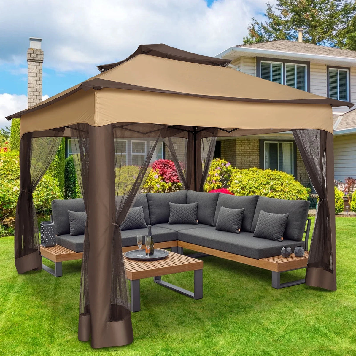 COBIZI 12x12 Outdoor Gazebo Pop Up Gazebo Canopy with Mosquito Netting Patio Tent Backyard Canopy with 2-Tiered Vented Top 3 Adjustable Height, Beige