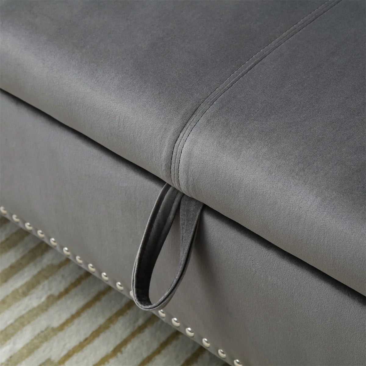 JINS&VICO 63'' Velvet Storage Ottoman Bench, Upholstered Tufted Sofa Stool with Rolled Armrest and Nailhead Trim, Rectangular Chaise Lounge with 1 Pillow for Living Room Bedroom, Gray